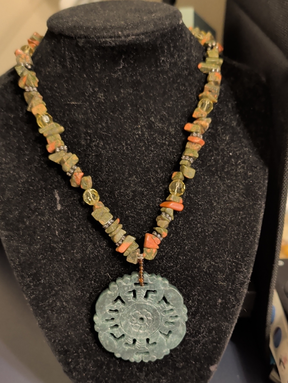 Green Jade Disk Pendant Necklace with Olive and Coral Accents